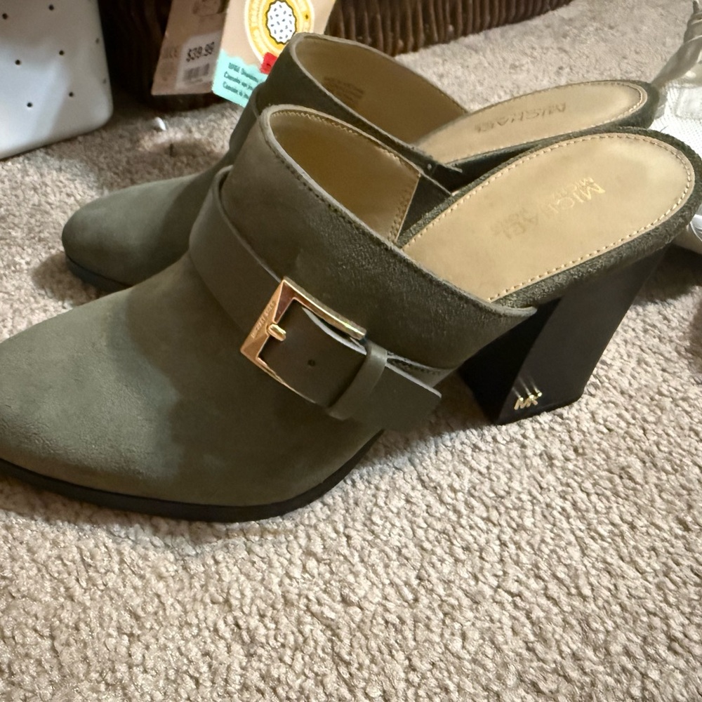 Michael Kors Sage Green Mules with Gold Buckle